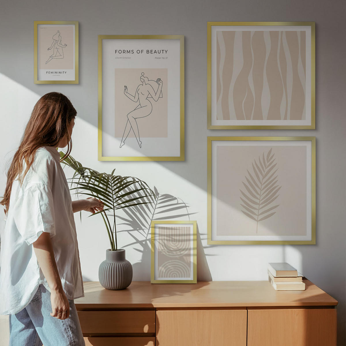 BILDER SET 5er Set - 50x50 cm & 20x30 cm & 40x60 cm Goldrahmen - Abstrakte Boho-Dekorationen - Goldfarben, Kunststoff (40/60cm) - TULUP