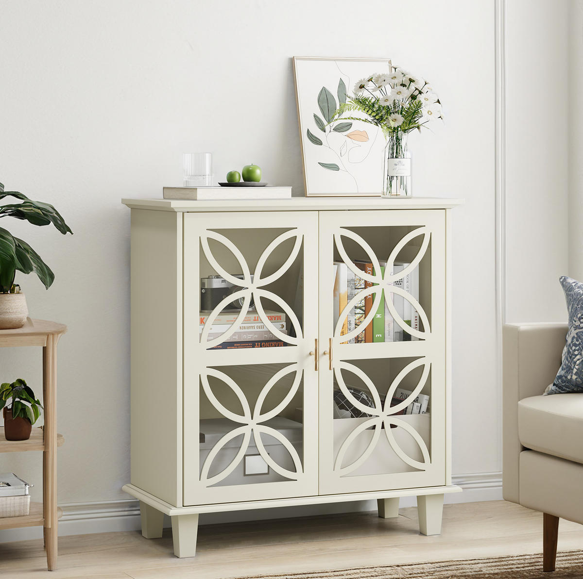 SIDEBOARD aus MDF und Holzwerkstoff 80x38x87 cm Creme mit Hartglastüren, verstellbaren Einlegeböden und Kippschutz - Creme, Holzwerkstoff (80/87/38cm) - Modfu