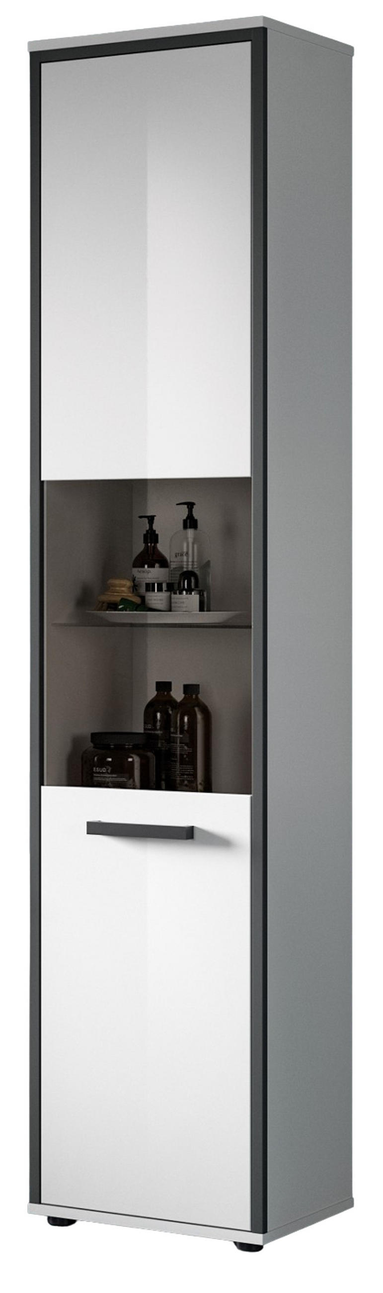 HOCHSCHRANK weiß Hochglanz, grau 40 cm, Badschrank, Türanschlag wechselbar - Weiß Hochglanz/Schwarz, Glas/Holzwerkstoff (40/188/34cm) - Inn.Furn