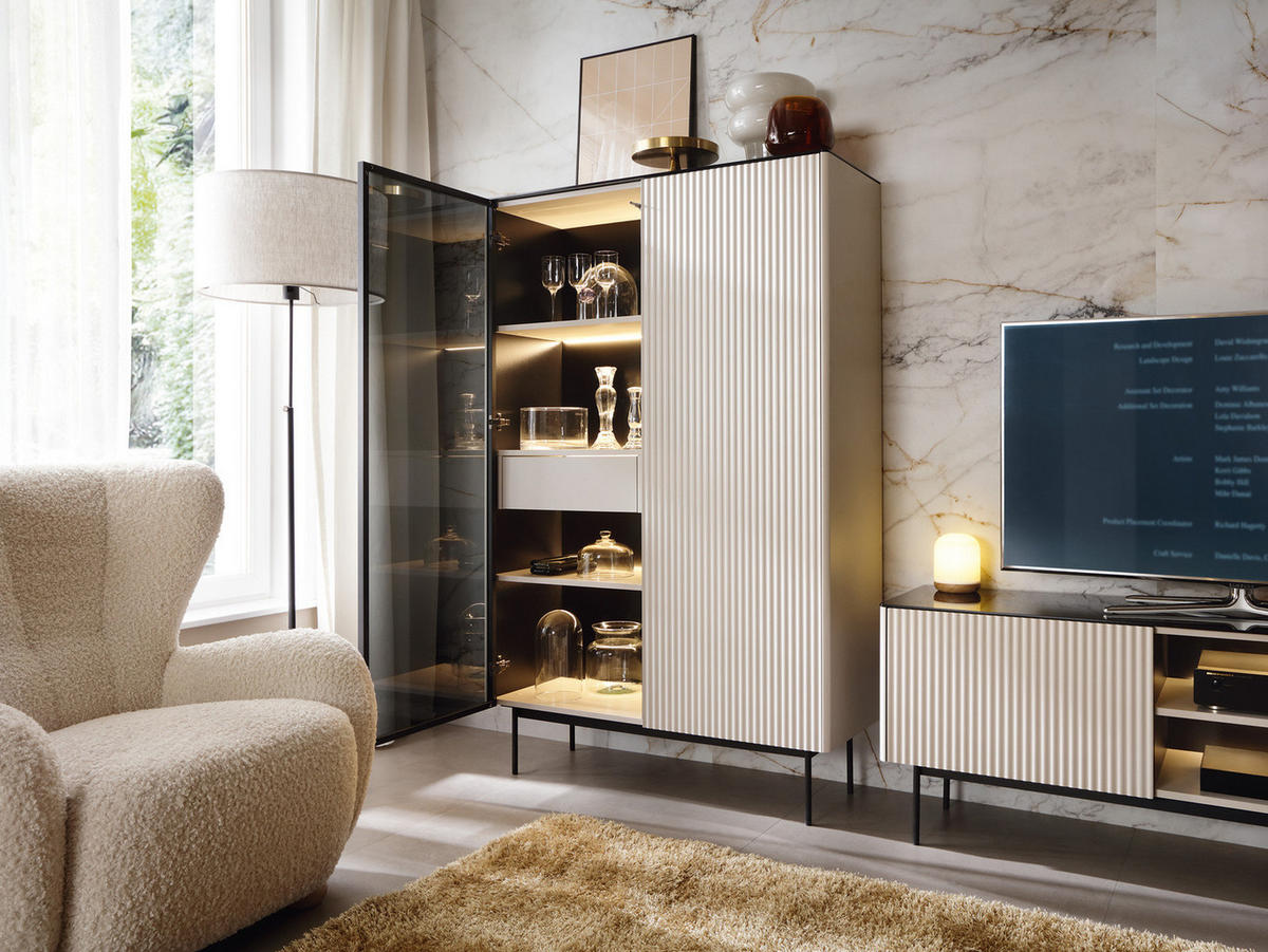 VITRINE DIJON WTSZ107 107 cm (Kaschmir, Glasplatte, Antisol-Glas, Innenschublade, LED) - Kaschmir/Schwarz, Glas/Holz (107/167/39cm) - Ravio