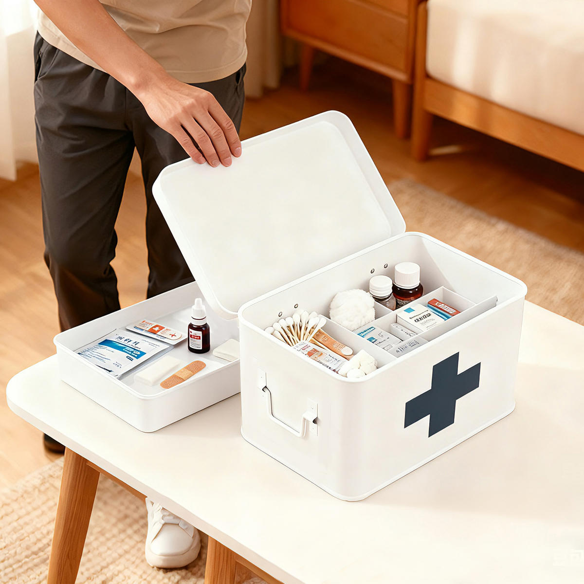 MEDIZINBOX Weiß Grau Metall 4 Fächer entnehmbarer Einsatz - Weiß, Metall (28/21/20.5cm) - Relaxdays