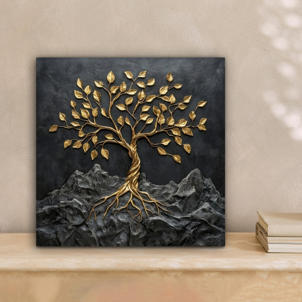 LEINWANDBILD Blätter - Gold - Baum - Fels Deko Wohnzimmer 20x20 cm - Schwarz, Textil (20/20cm) - MuchoWow