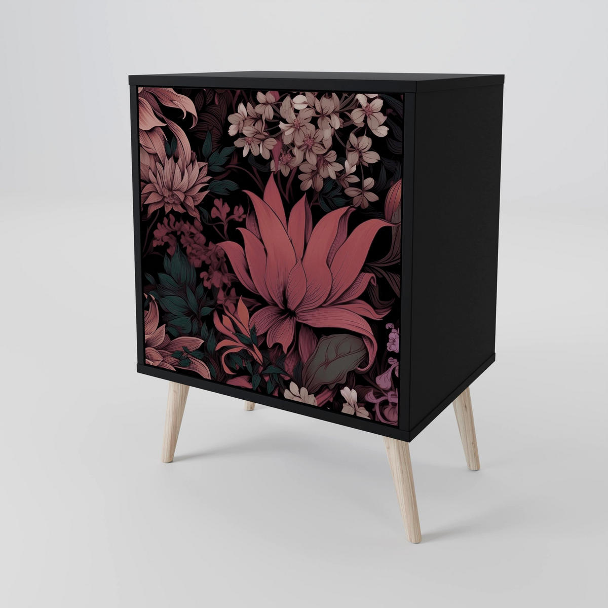 SIDEBOARD FLORAL WHISPER, Schwarz, 57,5x42x70,5 cm, Schwarze Metall-Sternfüße - Multicolor/Schwarz, Holzwerkstoff/Metall (57.5/70.5/42cm) - SpaceRebels