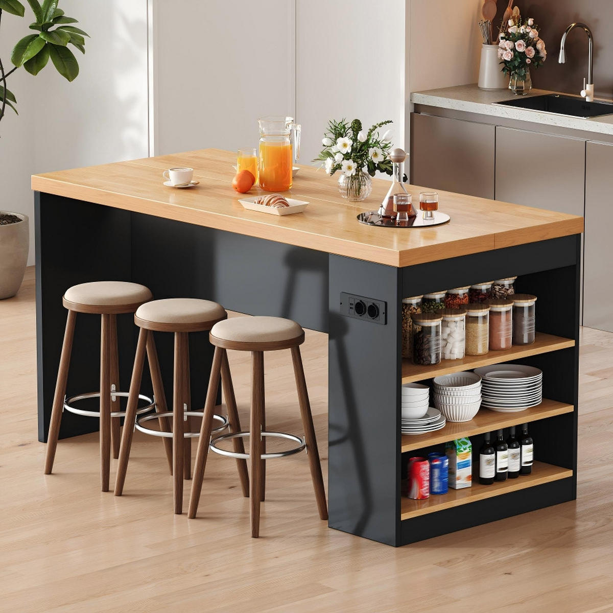 KÜCHENINSEL mit Steckdose, LED Beleuchtung, 40mm Arbeitsplatte, 3 Ablagen, MDF, 155/80/90 cm - Schwarz, Kunststoff (80/90/155cm) - Rolipo