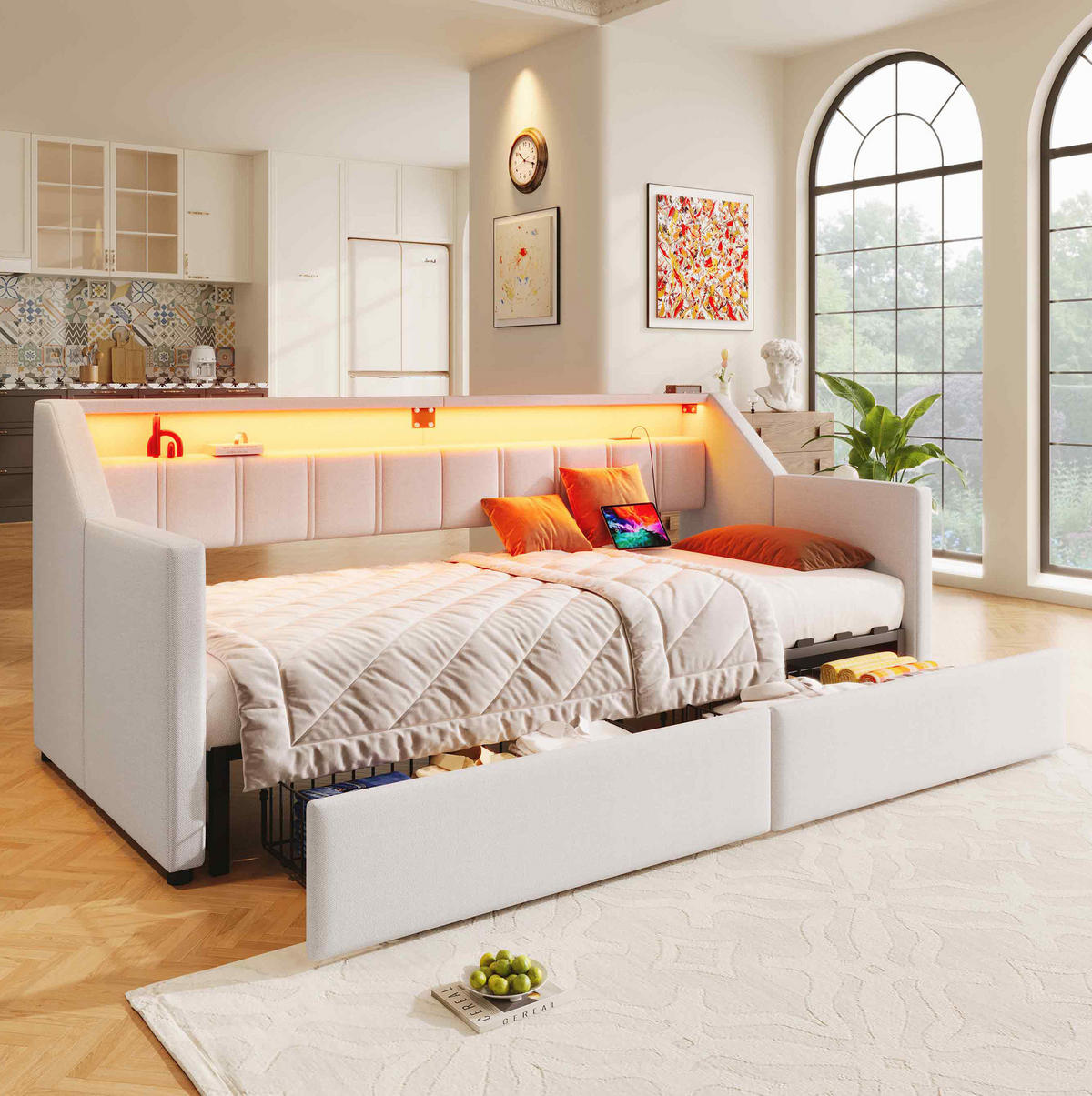 POSTEĽ z ľanu a MDF, 90/200 cm béžová, s USB, LED a úložným priestorom - béžová, textil (90/200cm) - BEAOK