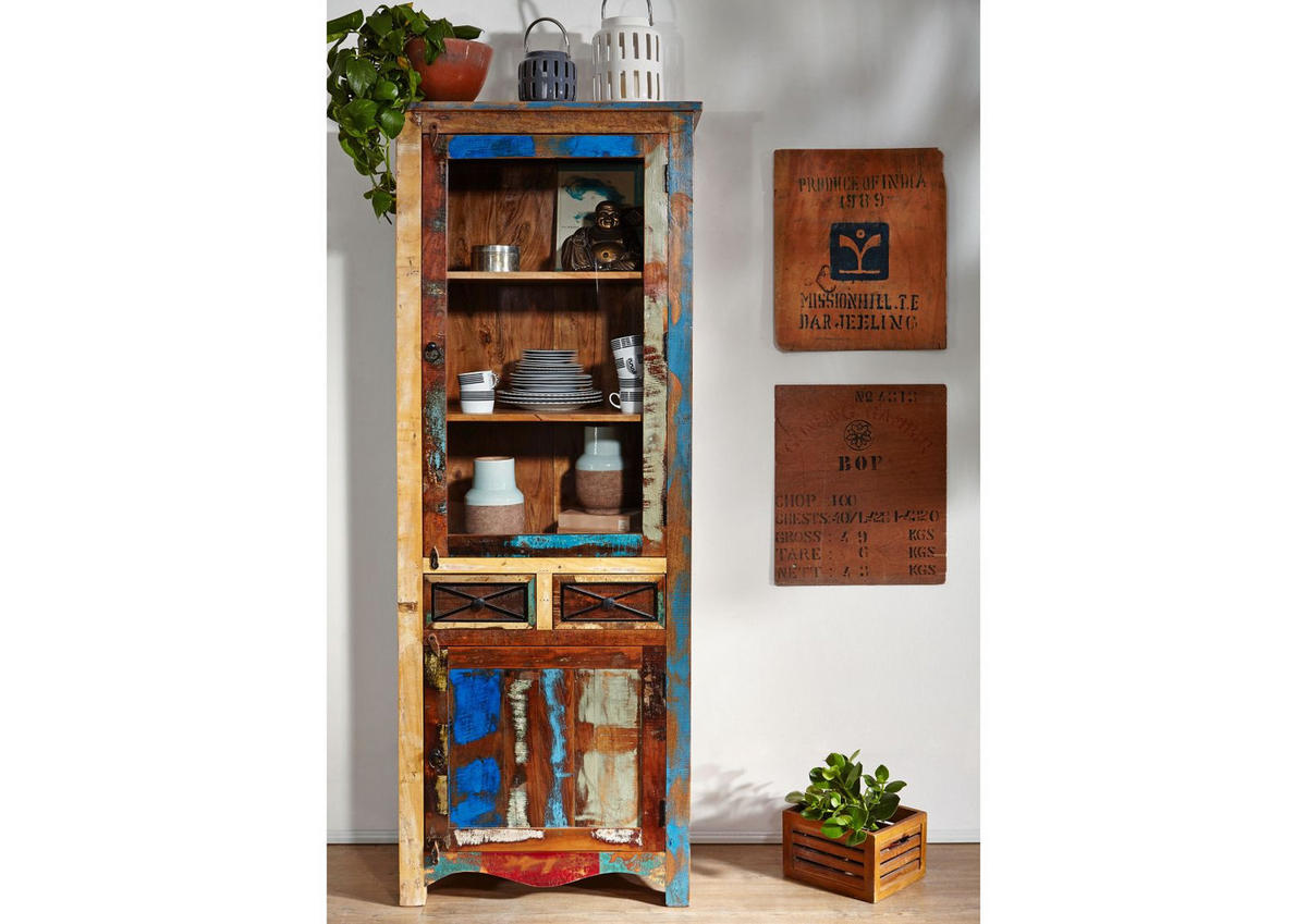 VITRINE Altholz 73x45x200 mehrfarbig lackiert NATURE OF SPIRIT #115 - Multicolor, Holz (73/200/45cm) - Massivmoebel24