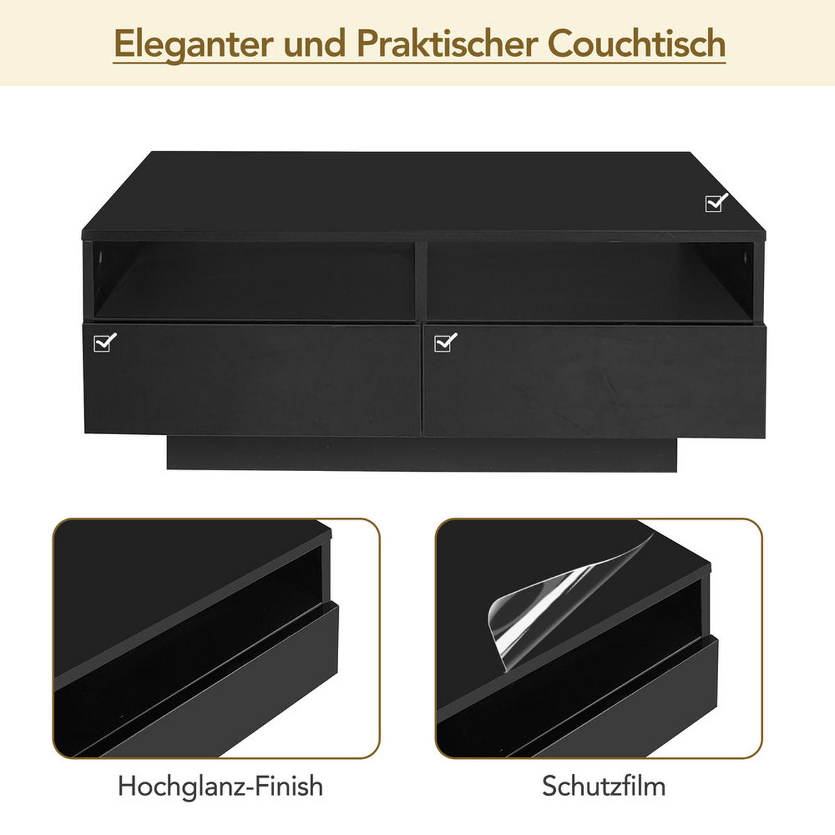 COUCHTISCH Schwarz Hochglanz LED 16 Farben 4 Schubladen USB Modern - Schwarz, Holz (100/65.48/14.48cm) - FLIEKS