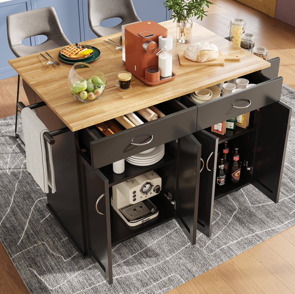 KÜCHENINSEL 106x78x90.5cm Schwarz mit Klapptisch & Rädern - Schwarz, Holzwerkstoff (106/90.5/78cm) - Modfu