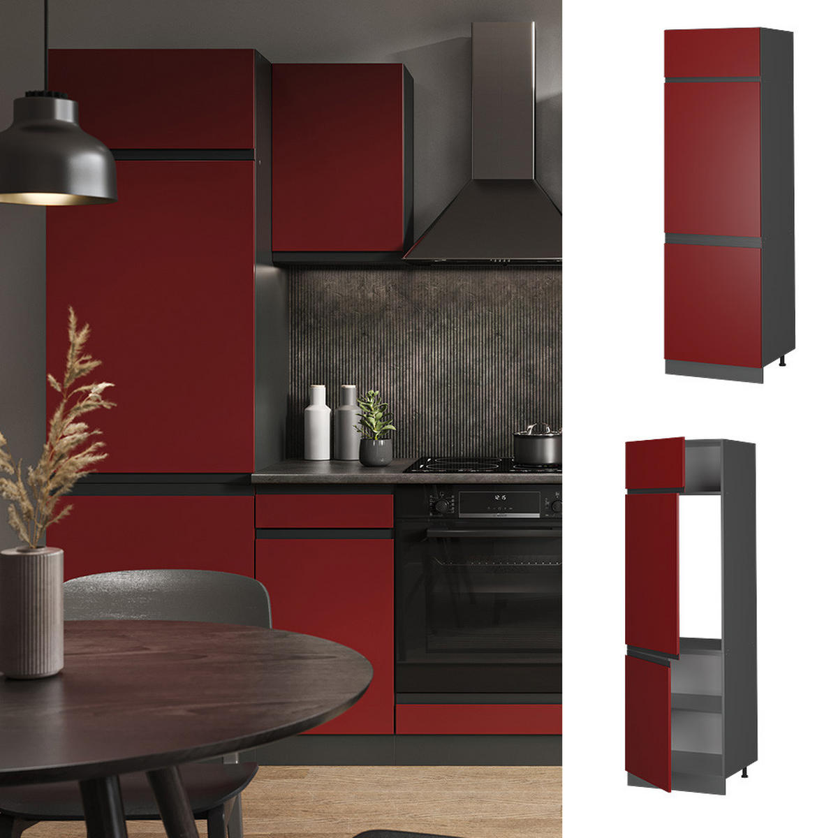 KÜHLUMBAUSCHRANK R-Line Rot 60 cm J-Shape - Anthrazit/Rot, Holzwerkstoff (60/206.8/57.2cm) - Vicco