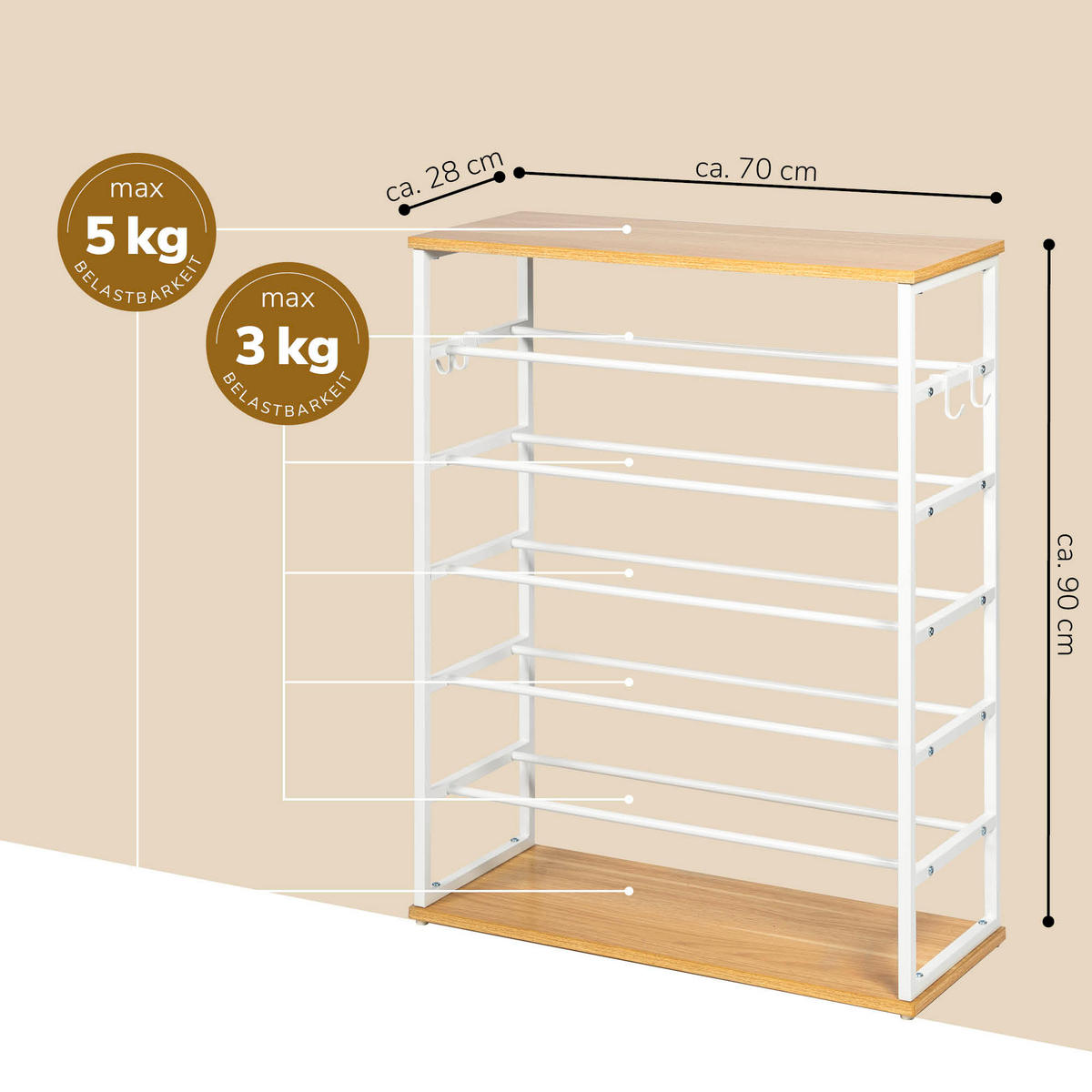 SCHUHREGAL, 18 Paar Schuhe, weiß - Weiß, Metall (70/90/28cm) - eluno