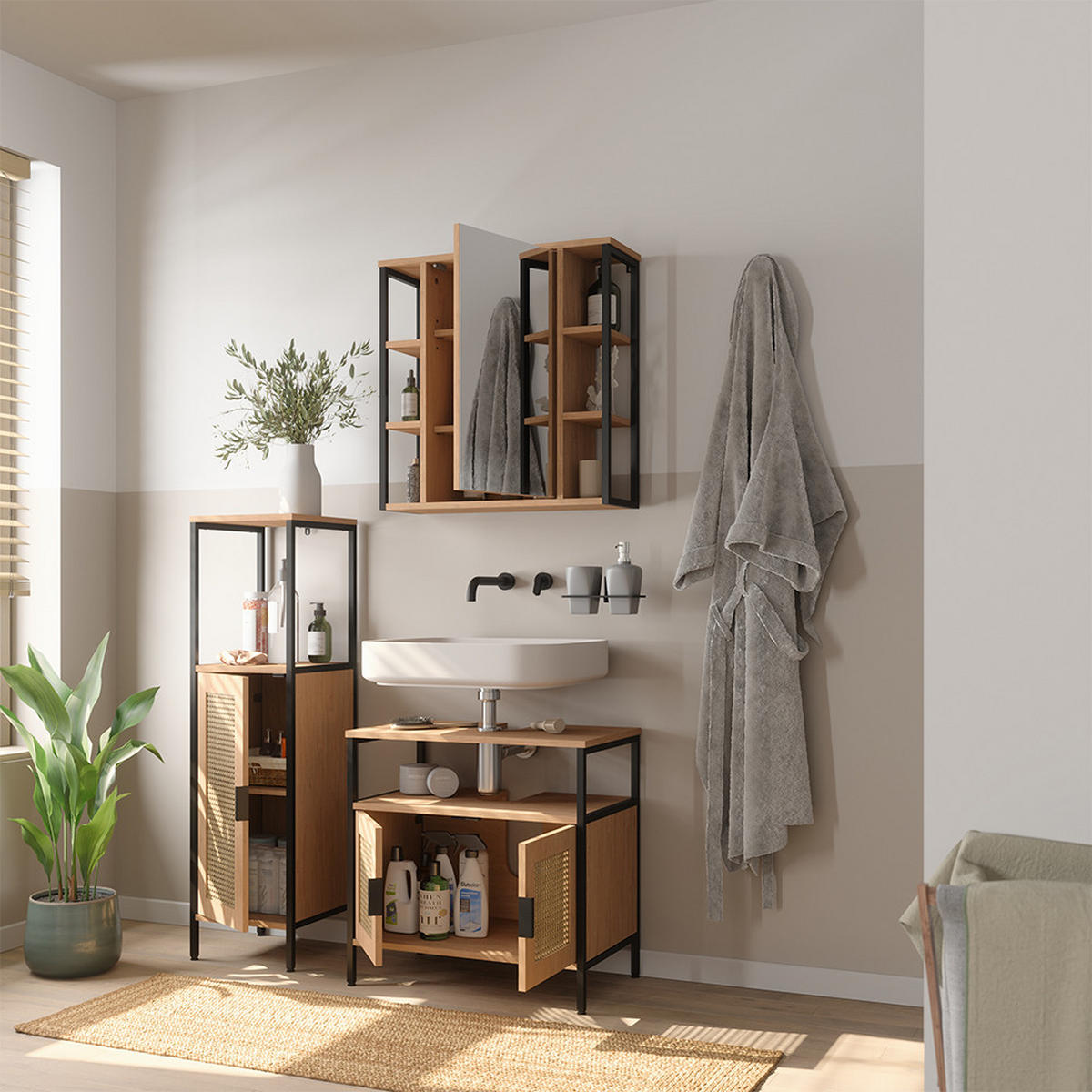 BADMÖBEL-SET Linara, Eiche, 3er Set - Eichefarben, Holzwerkstoff (60/59/35cm) - Vicco