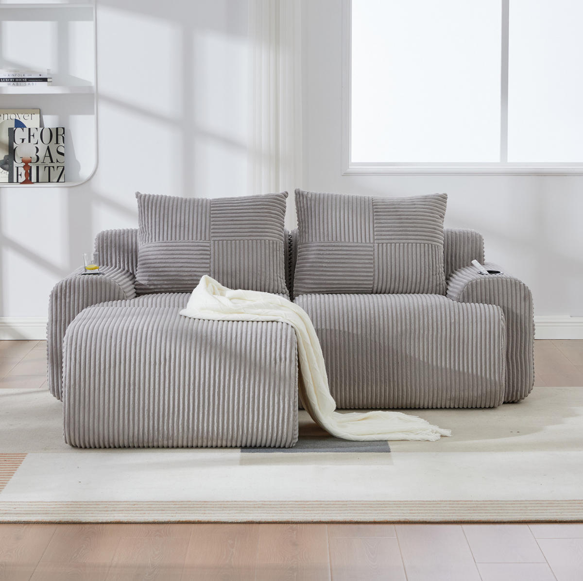 SOFA modular 2-Sitzer mit Hockern 200 x 174 cm Cord Hellgrau - Hellgrau, Kunststoff (174/200cm) - Meubliv