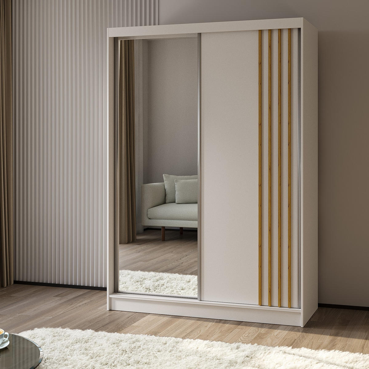 SCHWEBETÜRENSCHRANK NELVIA 150/216/61 cm 2-türig mit Spiegel Weiß - Weiß, Holzwerkstoff (150/216/61cm) - MASSENO