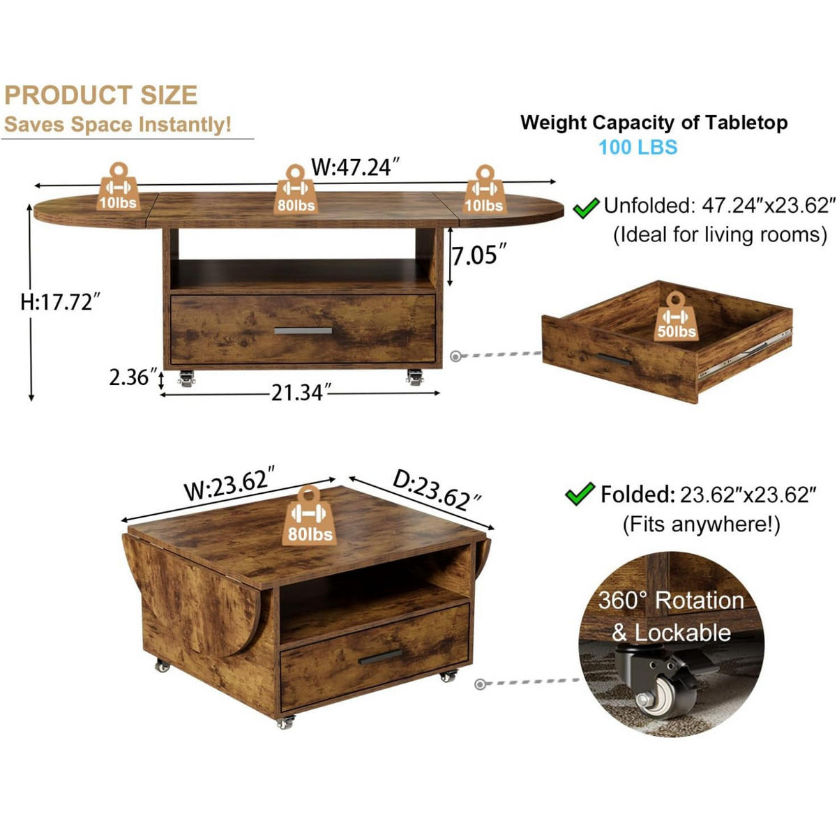 COUCHTISCH Wohnzimmertisch mit Stauraum 120 x 60 x 45 cm Klappplatte - Wildeiche, Holzwerkstoff/Metall (120/120/45cm) - Quality Elegance