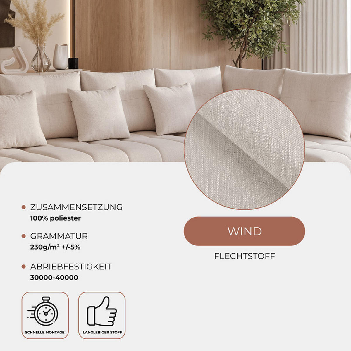 WOHNLANDSCHAFT STONE mit Schlaffunktion und Bettkasten, Stoff Beige - Beige, Kunststoff/Textil (350/91/190cm) - Idohome