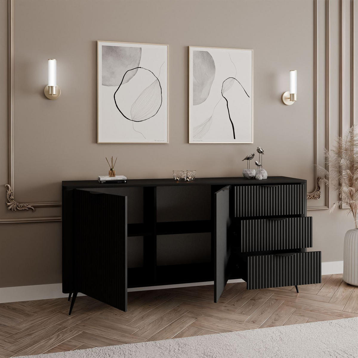 SIDEBOARD SCARLETT 163 2D3S MIT SCHUBLADEN SCHWARZ - Schwarz, Holzwerkstoff (163/81/38cm) - Lookway