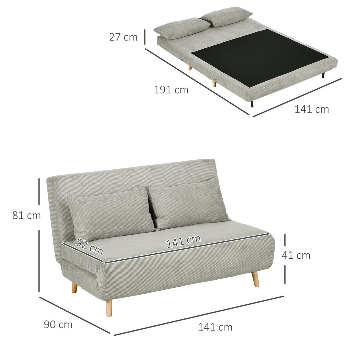 SCHLAFSOFA Polyesterbezug mit verstellbarer Rückenlehne 141/90/81 cm Grau - Grau, Textil (90/81/141cm) - Redom