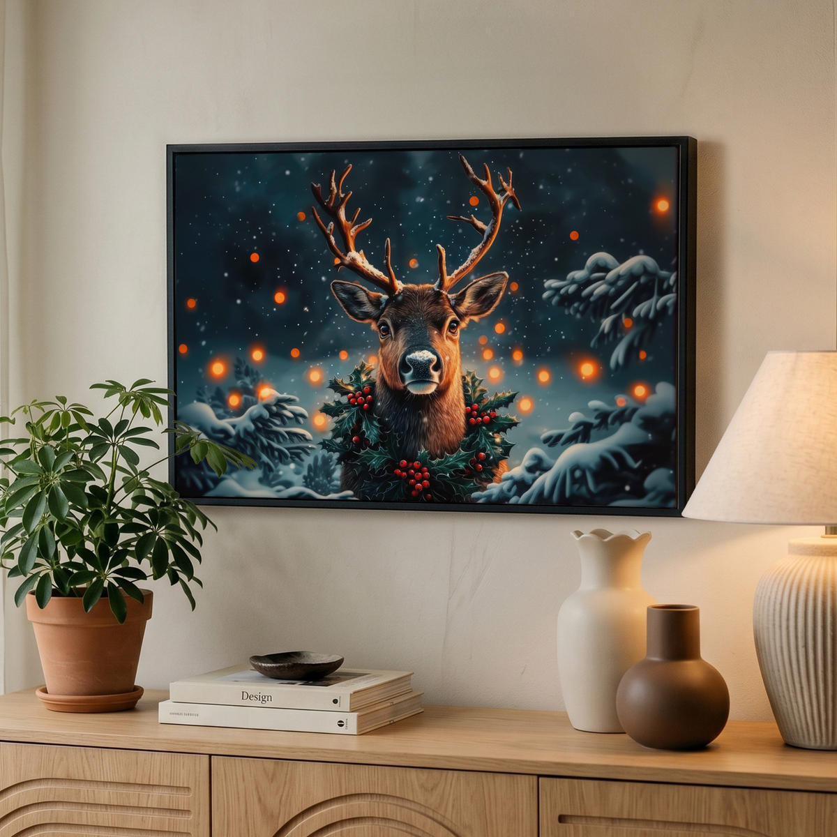 LEINWAND Bilder mit Rahmen - Hirsch - Weihnachten - Winter - Schnee - Weihnachtskranz - 60x40 - Dunkelbraun, Textil (60/40cm) - MuchoWow