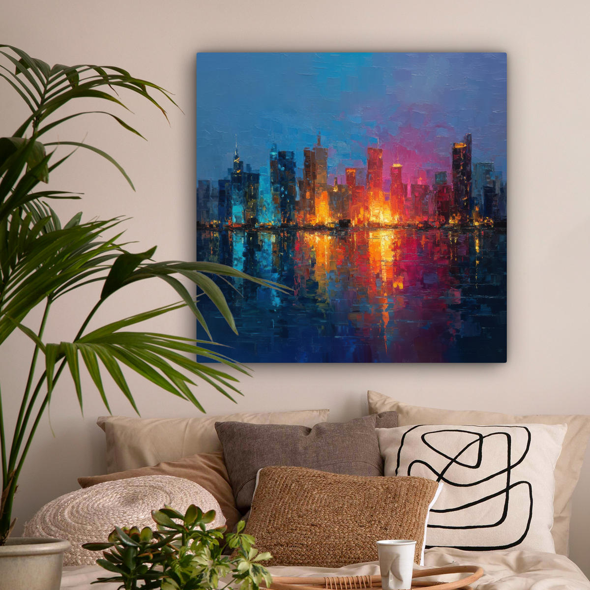 LEINWANDBILD Skyline - Pinselstriche - Dunkelblau - Leuchtend Deko Groß 90x90 cm - Blau, Textil (90/90cm) - MuchoWow