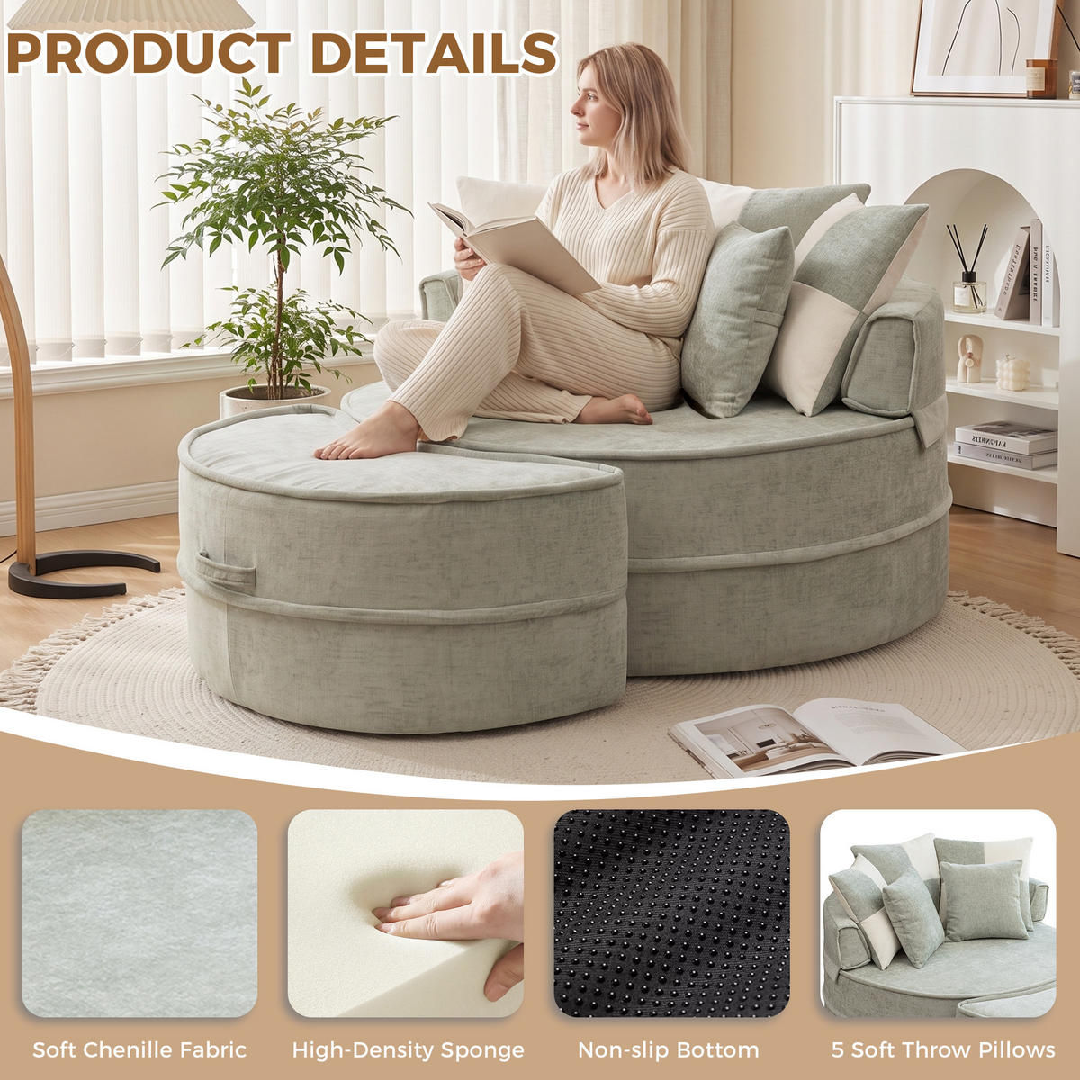 XXL-SESSEL DE-35026 mit Hocker und 5 Kissen Grün - Grün, Textil (121/66/163cm) - ComfortXL