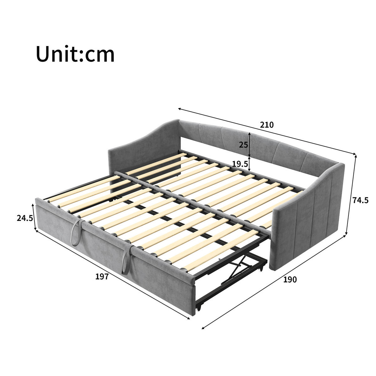 TAGESBETT 90x200cm/180x200cm Ausziehbett, Grau, Erweiterbares Schlafsofa, Samt - Grau, Textil/Metall (180/200cm)