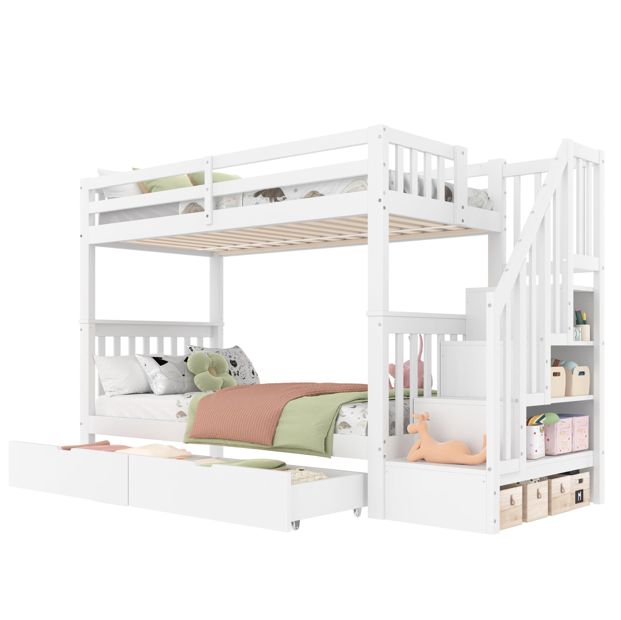 ETAGENBETT 90/200 cm in Weiß mit Treppenregal und 2 Schubladen - Weiß, Holz (90/200cm) - OKMYHOME