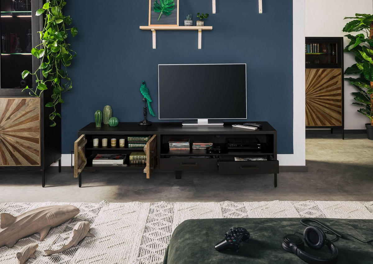 TV-BOARD Sheesham 178x45x50 schwarz lackiert SUN #106 - Schwarz, Holz (178/50/45cm) - Massivmoebel24