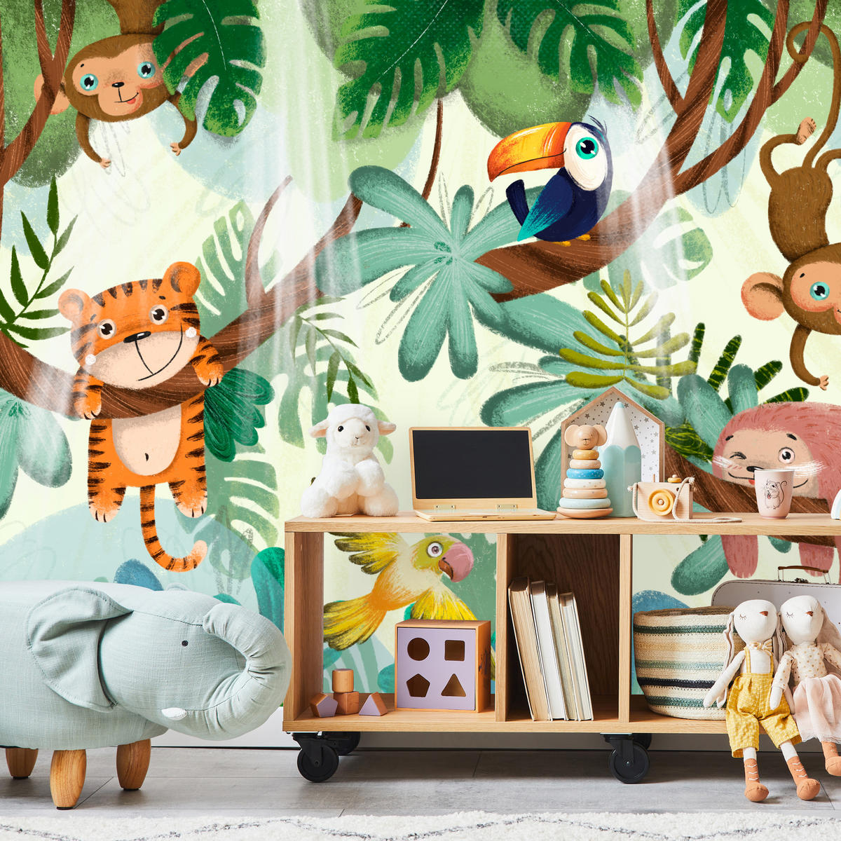 FOTOTAPETE für Kinderzimmer Süße Dschungeltiere Monstera Affen Tiger Vogel 200x140 - Gelb/Beige, Papier (200/140cm) - Muralo