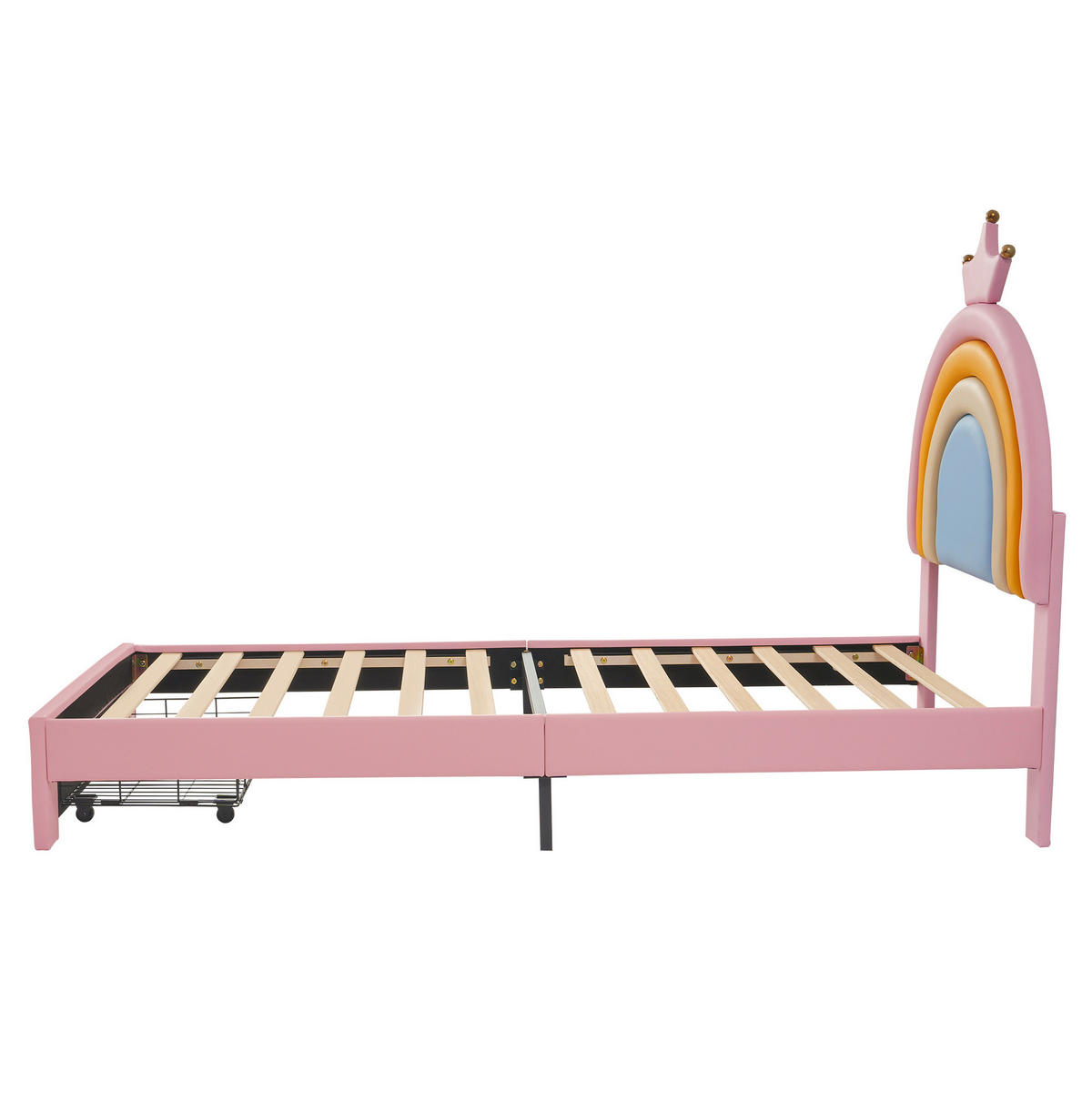 KINDER-POLSTERBETT aus PU 90x200 cm Rosa mit höhenverstellbarem Regenbogen-Kopfteil und Schublade - Pink, Kunststoff (90/200cm) - Modfu