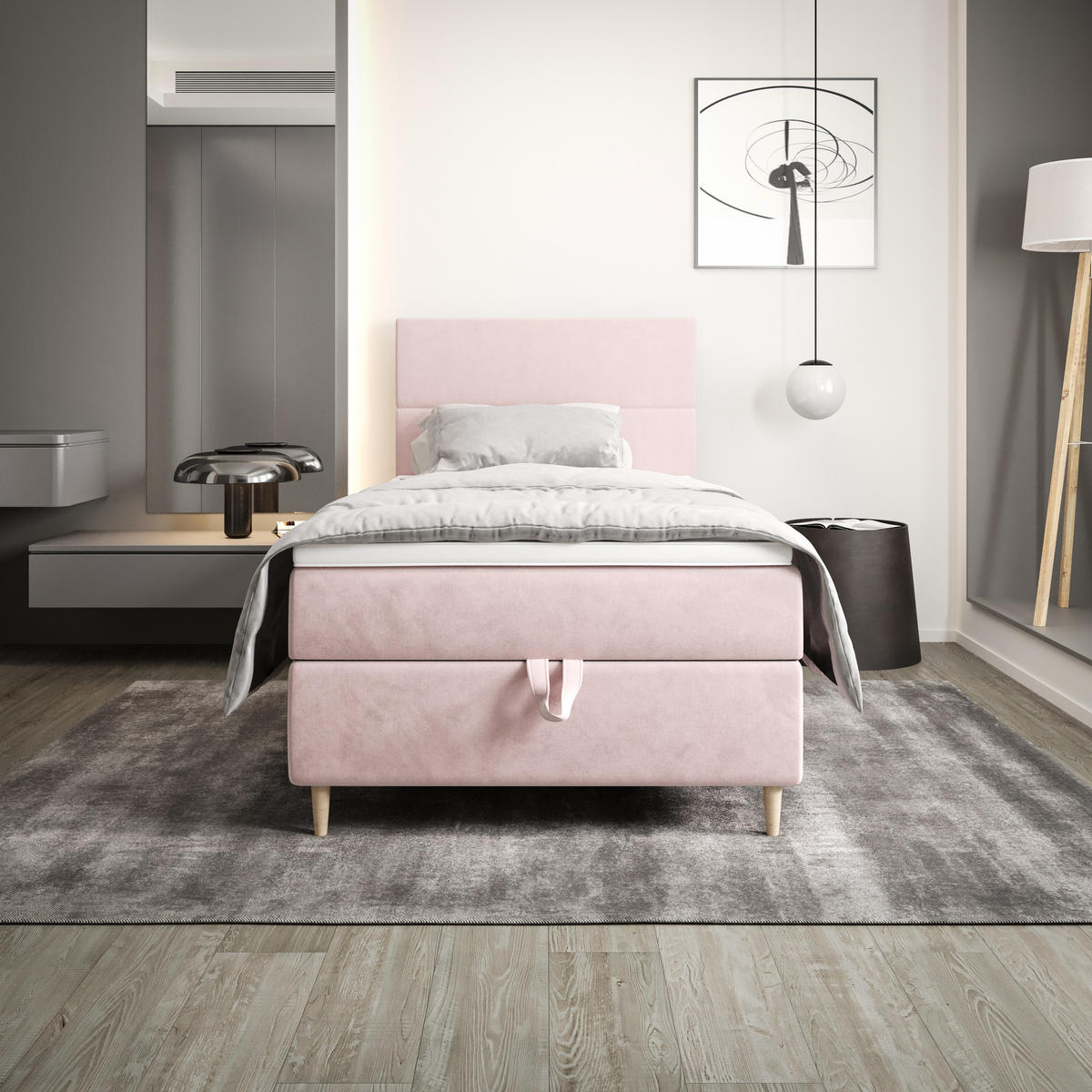 BOXBETT FLO 100x200 Itaka 58, mit Matratze H3, Bonell und Topper, Rosa - Rosa, Holz/Textil (100/200cm) - Bedante