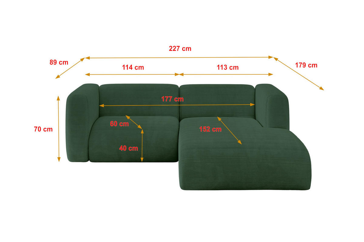 ECKSOFA Ottomane Rechts MIRA-L1 227x179x89 Grün Cord - Salbeigrün/Schwarz, Holzwerkstoff/Kunststoff (227/179cm) - ALTDECOR