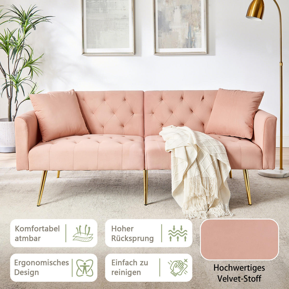 SCHLAFSOFA 177/78/74 cm in Pink Samt mit Aufbewahrungstasche - Rosa, Textil (78/74/177cm) - Oxeza