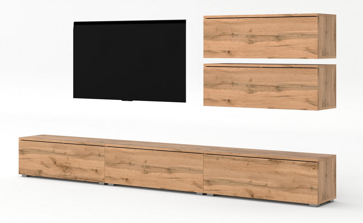 WOHNWAND Loriano V Eiche Wotan 300/104,5/32 cm – Hängend und Stehend - Braun, Holzwerkstoff/Kunststoff (300/104.5/32cm) - AX Living