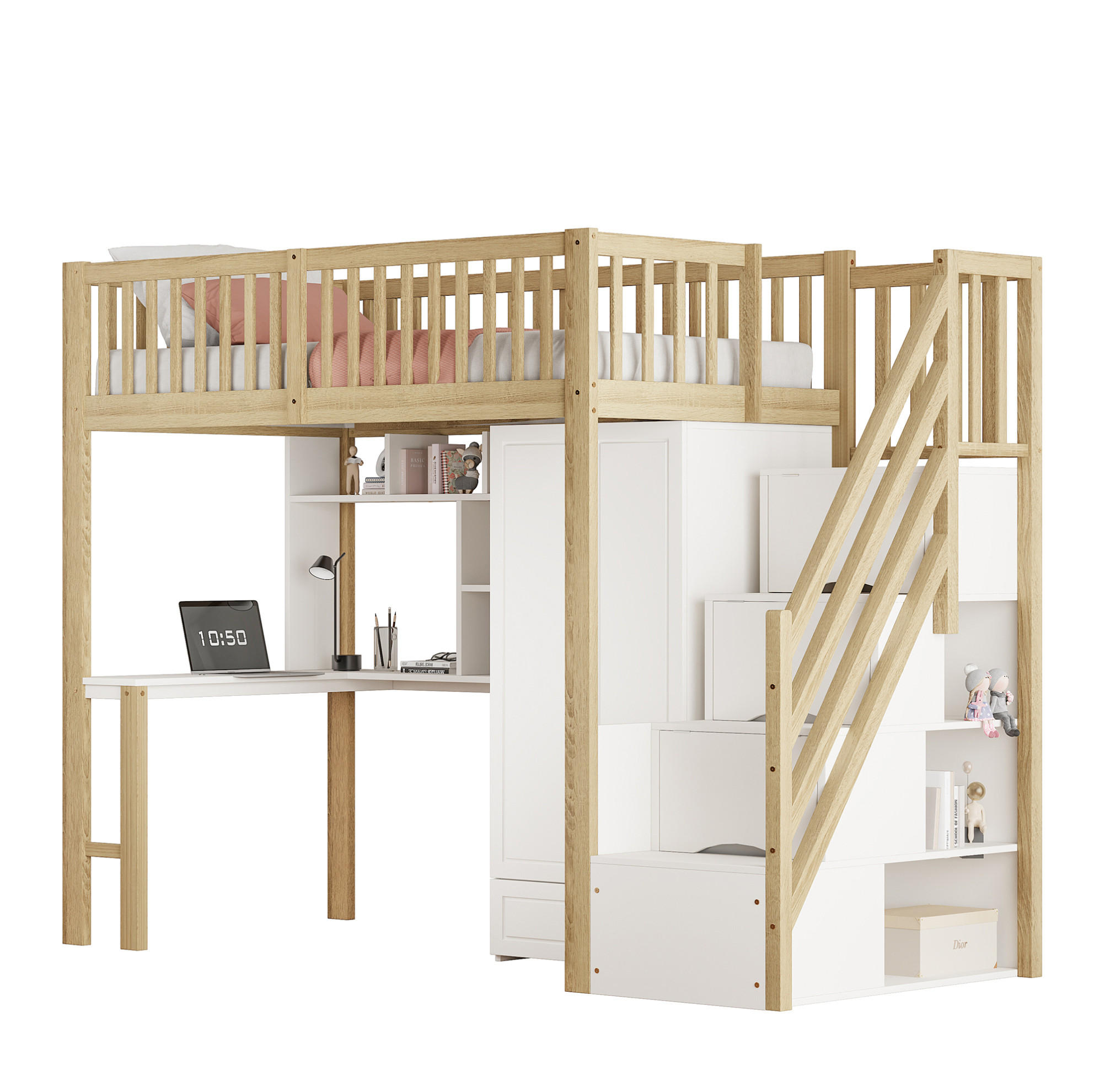 HOCHBETT 90/200 cm aus Holzwerkstoff mit Kleiderschrank, Schreibtisch, Regal und Treppe mit Schubladen, Natur/Weiß - Naturfarben, Holzwerkstoff (90/200cm) - Redom