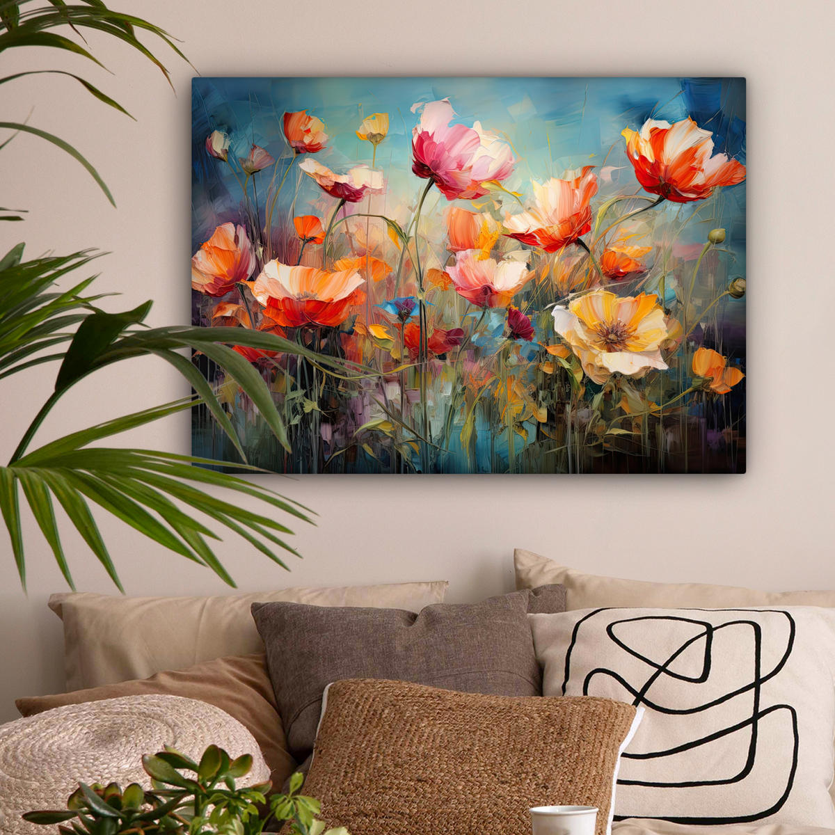 LEINWANDBILD Blumen - Aquarell - Kunst - Botanisch - Natur Wandbilder 80x60 cm - Orange, Textil (80/60cm) - MuchoWow
