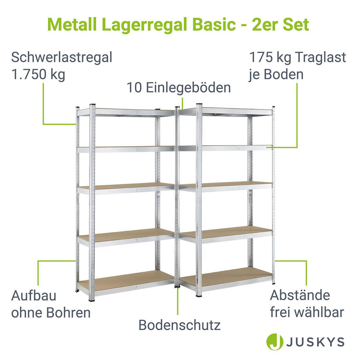 LAGERREGAL Basic verzinkt 180x90x40 cm (2er-Set) - Silberfarben, Metall (90/180/40cm) - Juskys