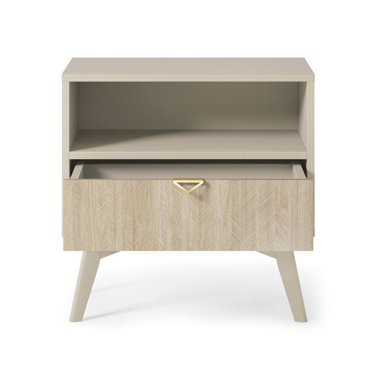 NACHTTISCH Firr S54, Sandbeige, Skandi-Fischgrätmuster, Schlafzimmer, 1 Schublade, 1 Ablage, Goldgriffe - Beige, Holzwerkstoff (54/54/38cm) - Bettso
