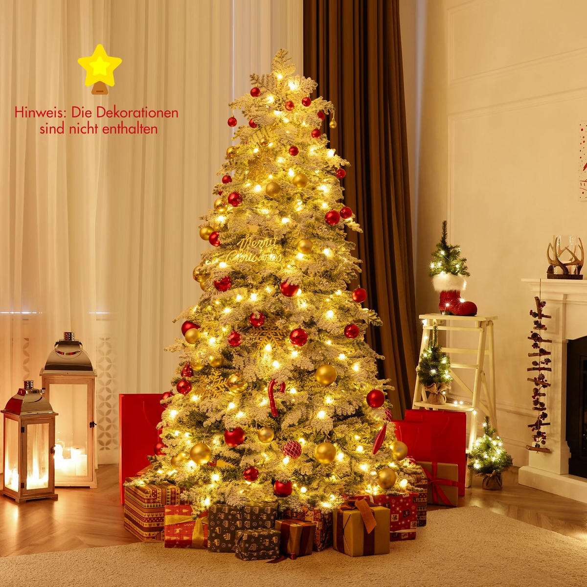 WEIHNACHTSBAUM mit 130 funkelnden Kugeln und Schnee 180 cm weiß - Weiß, Metall (180cm) - COSTWAY