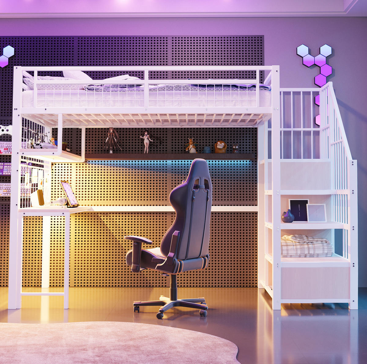 HOCHBETT 90/200 cm mit Schreibtisch, LED-Lichtleiste, Steckdosen, Stauraumtreppe und Kleiderbereich, Weiß - Weiß, Metall (90/200cm) - Redom