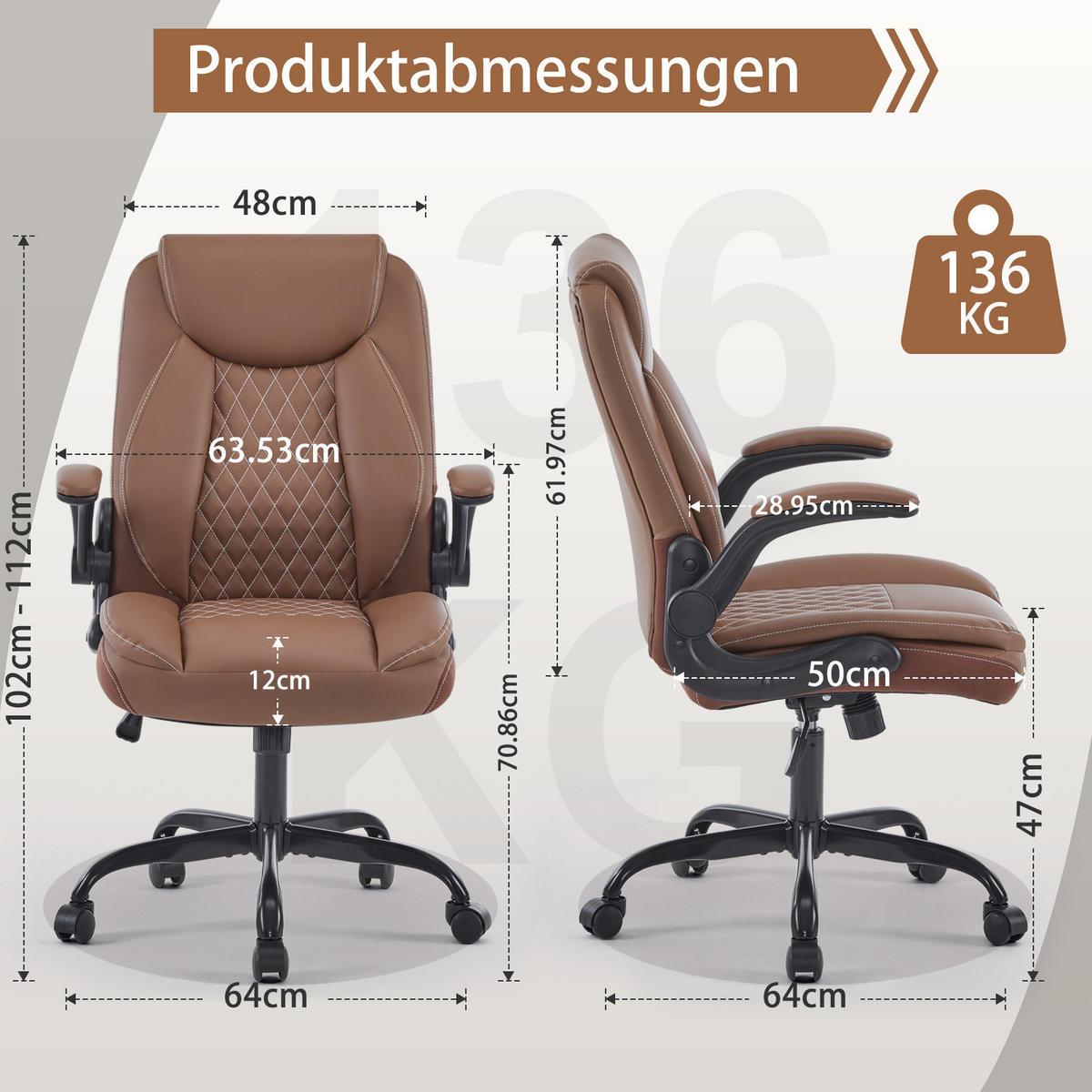 CHEFSESSEL DE-41049 mit Flip-up-Armlehnen und Lendenstütze Braun - Braun, Metall (64/102/64cm) - ComfortXL