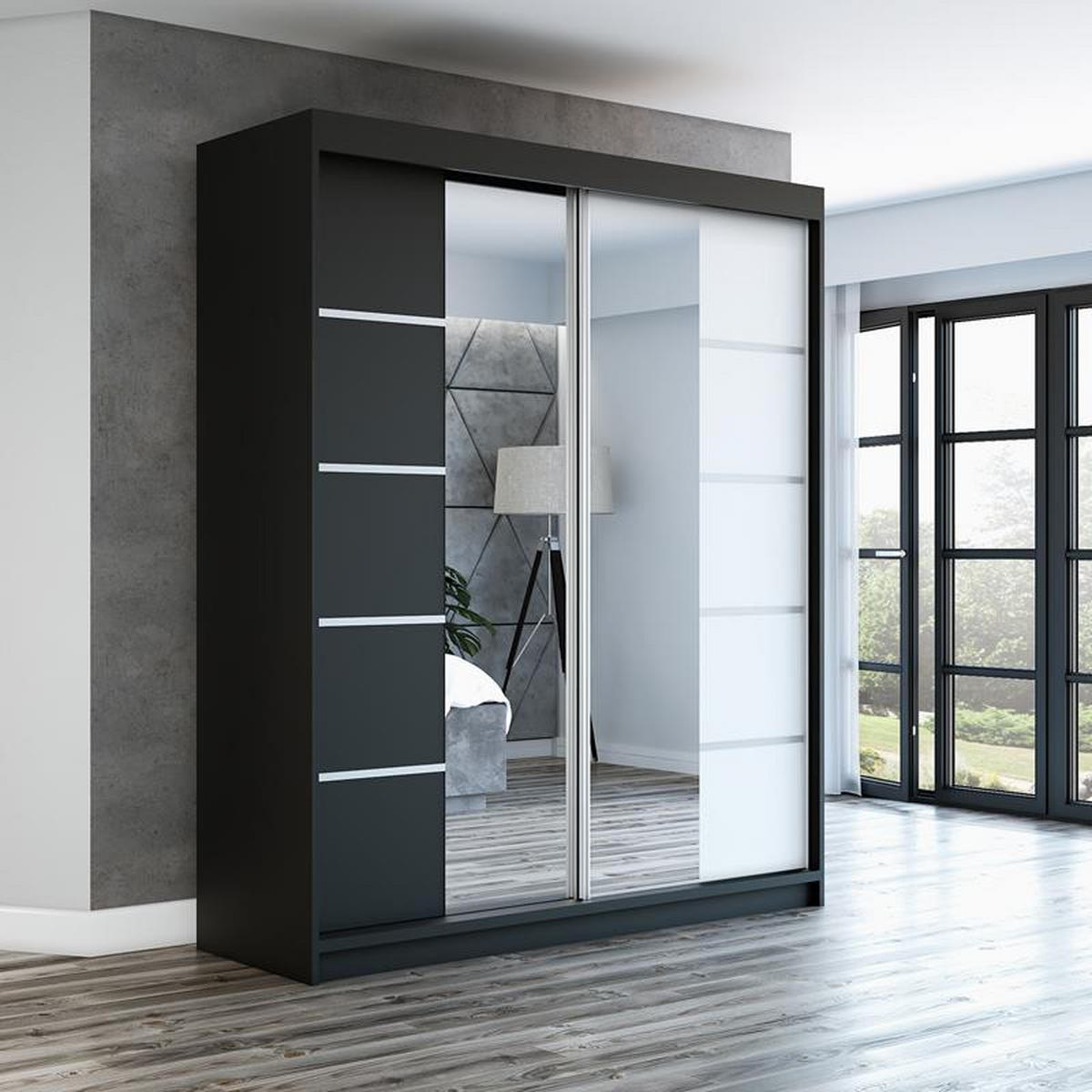 SCHWEBETÜRENSCHRANK 180 CM KRINO Farbe: Schwarz / schwarz / weiß - Schwarz/Weiß, Holzwerkstoff (180/215/59.5cm) - A&J MöbelLand