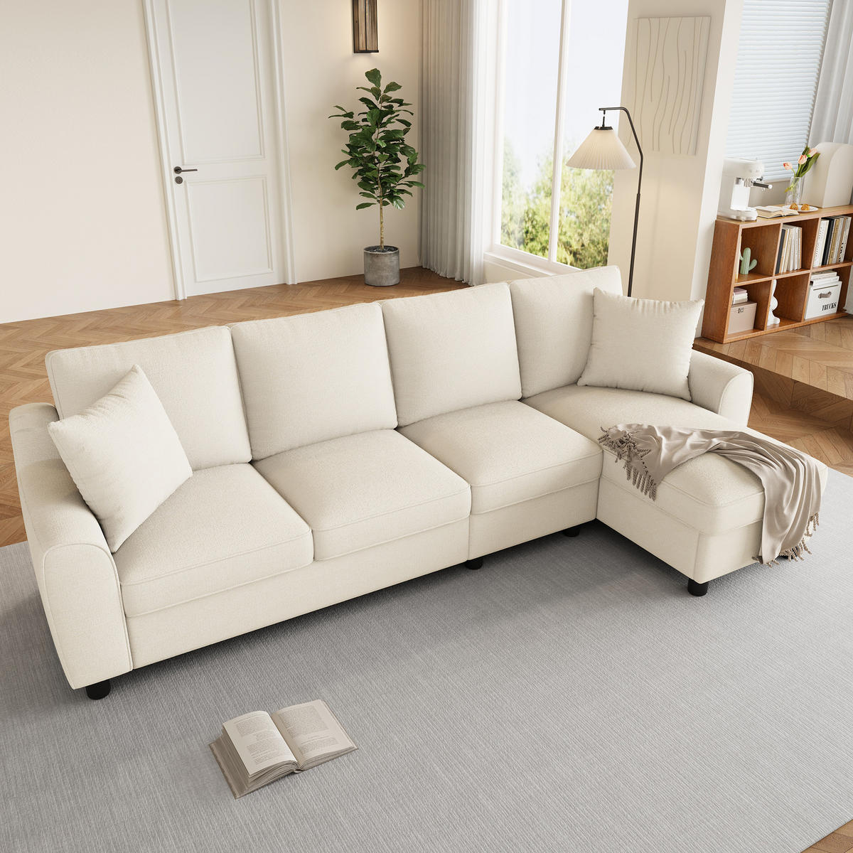 ECKSOFA L Form 3-Sitzer Chenille Stauraum Getränkehalter Beige 280cm - Beige, Textil (280/136cm) - FLIEKS