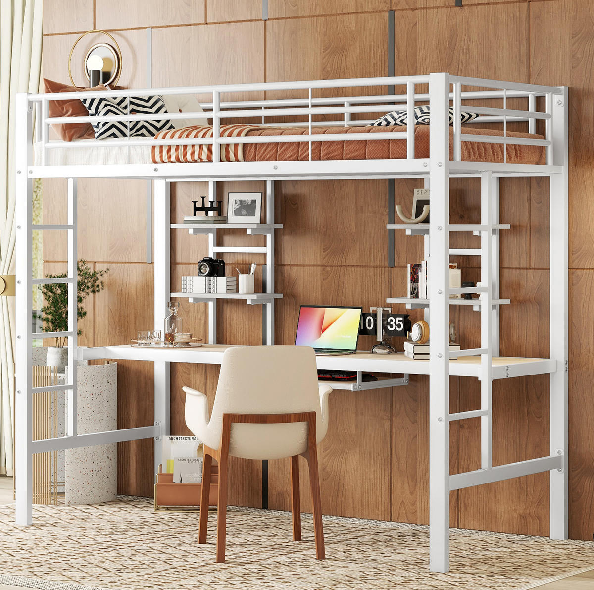 HOCHBETT aus Metall 90x200 cm Weiß mit Schreibtisch und 2 Bücherregalen - Weiß, Metall (90/200cm) - IVMEU
