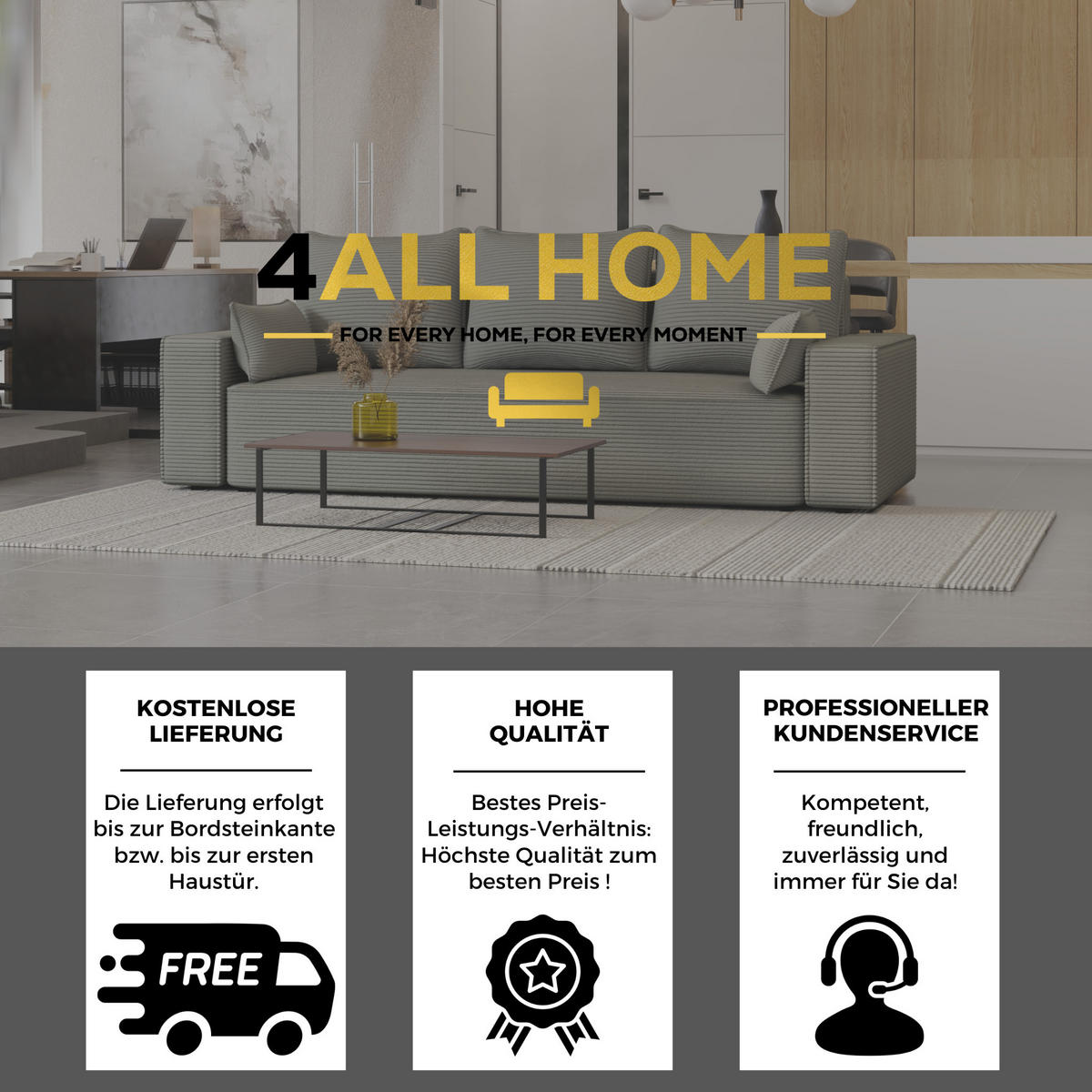 SOFA Vens mit Bettkasten und Schlaffunktion, Cordstoff - Grau, Holzwerkstoff (242/85/95cm)