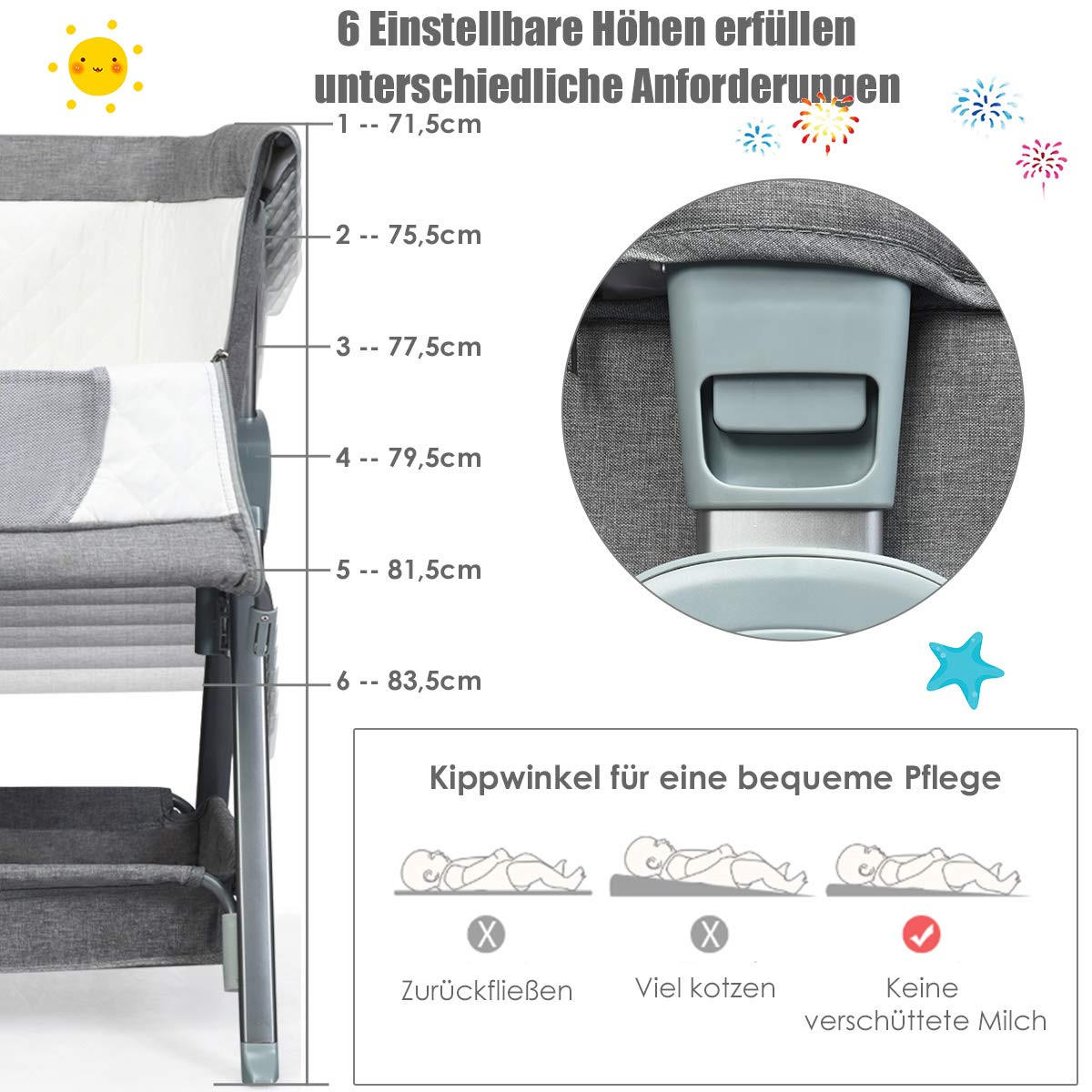 BABYBETT Beistellbett Grau - Grau, Textil - COSTWAY