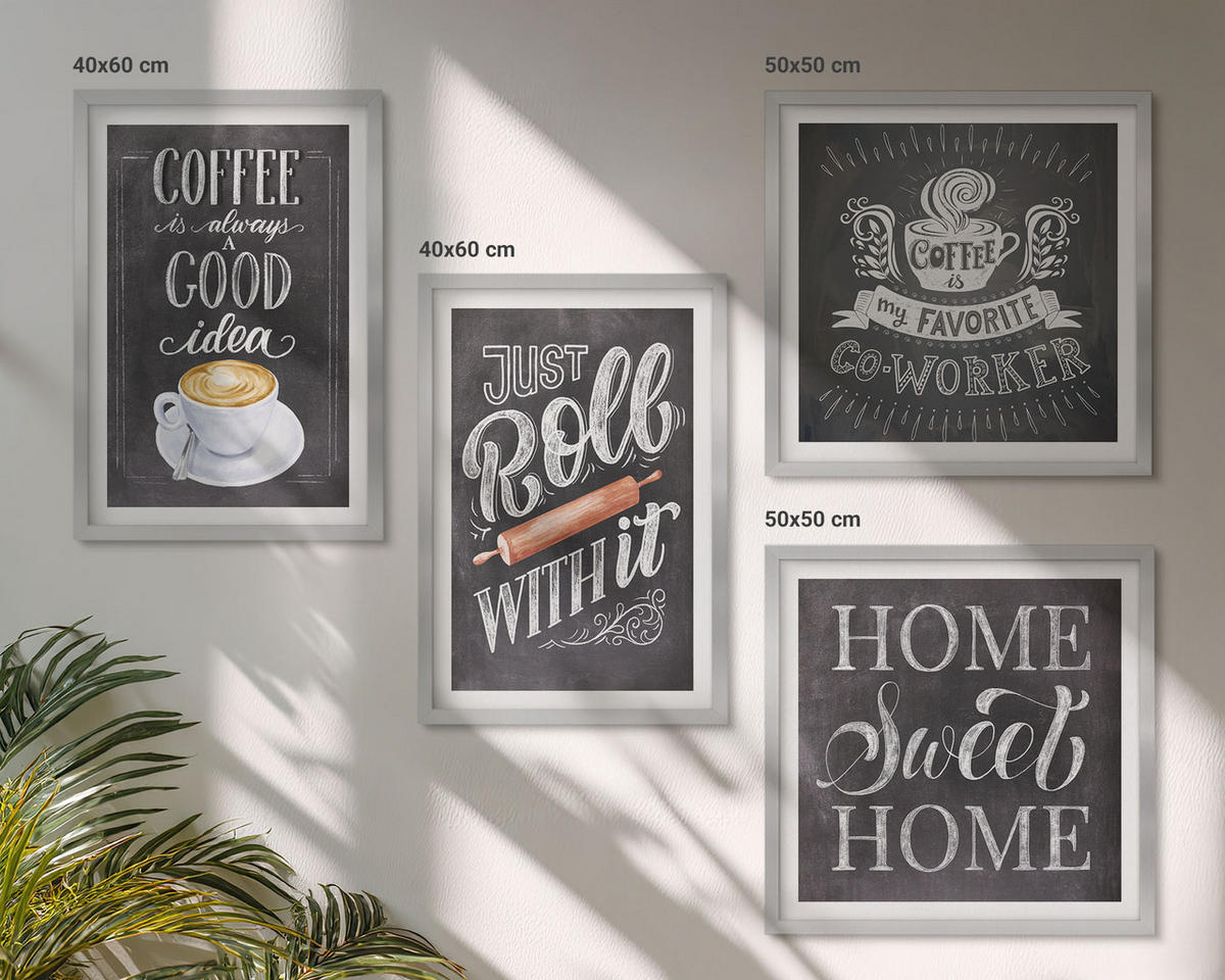 BILDER SET 4er Set - 50x50 cm & 40x60 cm Silberner Rahmen - Kaffeeroller, heimelige Wärme - Silberfarben, Kunststoff (50/50cm) - TULUP