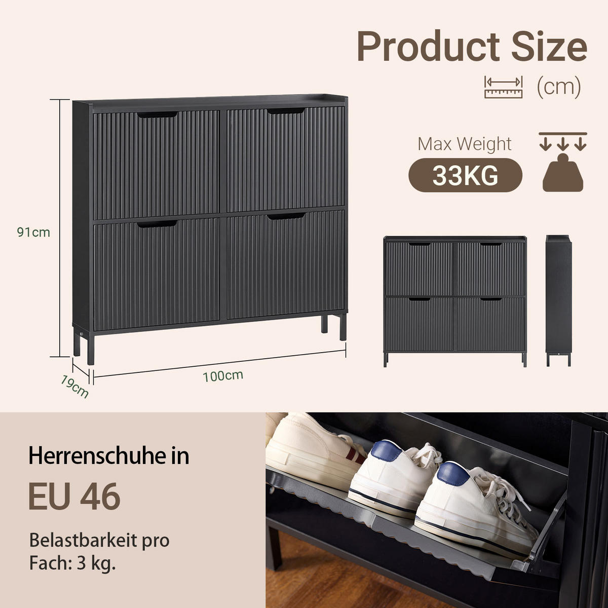 COMODĂ de intrare cu 4 sertare pentru pantofi, design modern - negru, compozit lemnos/metal (100/91/19cm) - SoBuy