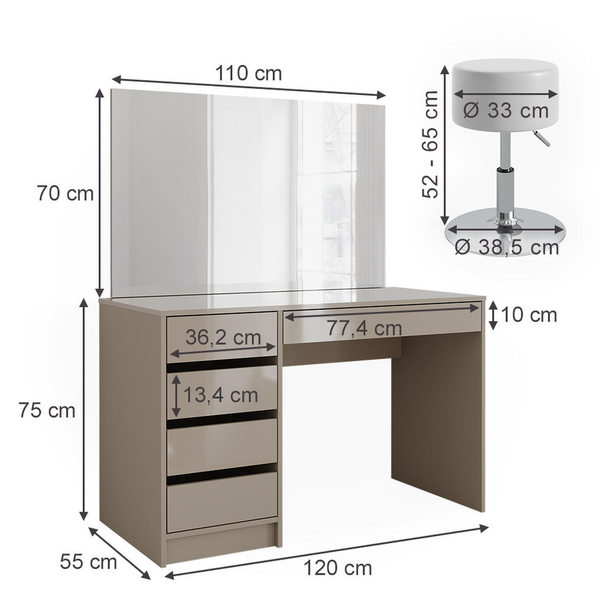 SCHMINKTISCH-SET Sherry Greige 120 cm mit Hocker - Greige, Holzwerkstoff (120/75/55cm) - Vicco