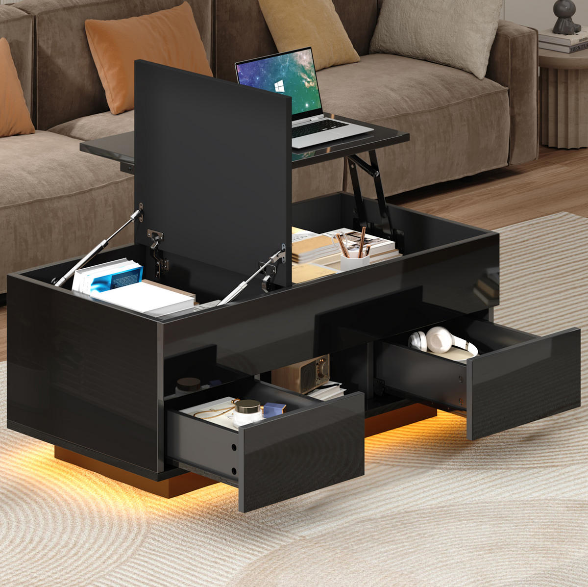 COUCHTISCH höhenverstellbar 100 x 45 x 43 cm Hochglanz Schwarz mit 2 Schubladen - Schwarz, Holzwerkstoff (100/45/43cm) - Meubliv
