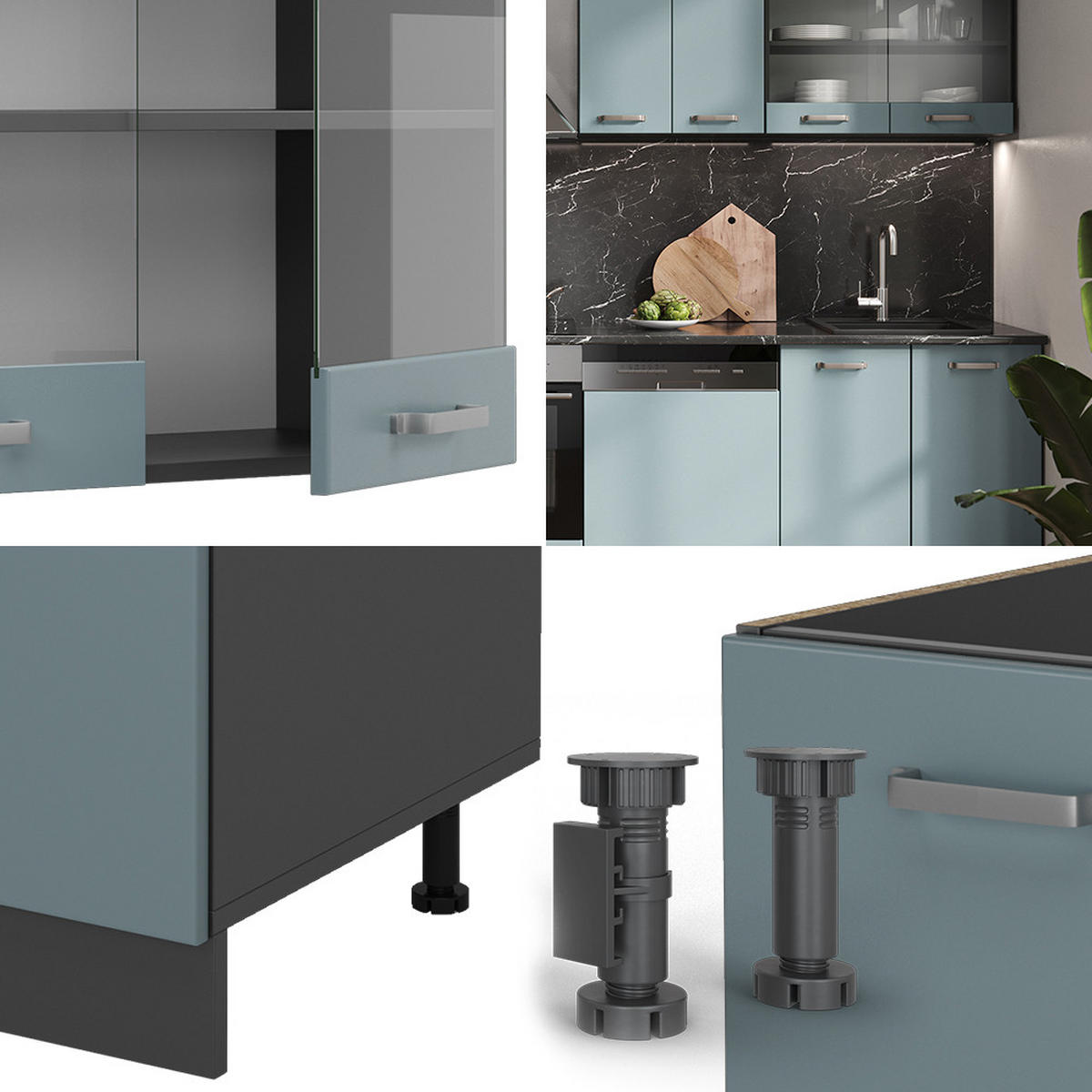 KÜCHENZEILE R-Line Blau-Grau/Anthrazit 300 cm, AP Anthrazit - Anthrazit/Blaugrau, Holzwerkstoff (300/81.6/60cm) - Vicco